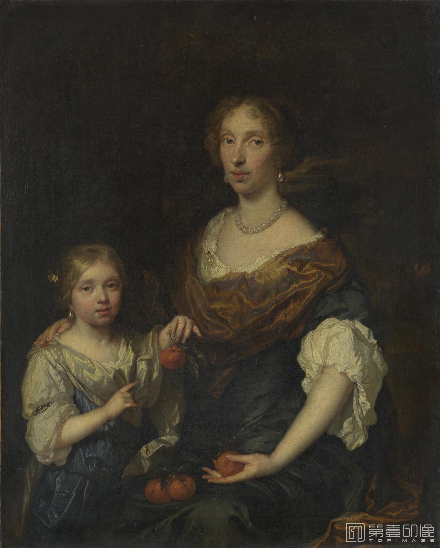 油画-大英博物馆藏画-Caspar Netscher - Portrait of a Lady and a Girl-0372